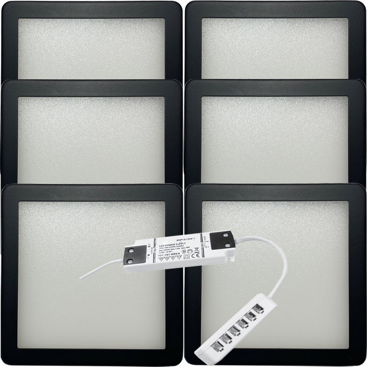 6x MATT BLACK Ultra-Slim Square Under Cabinet Kitchen Light & Driver Kit - Warm White Diffused LED - LoopsDirect