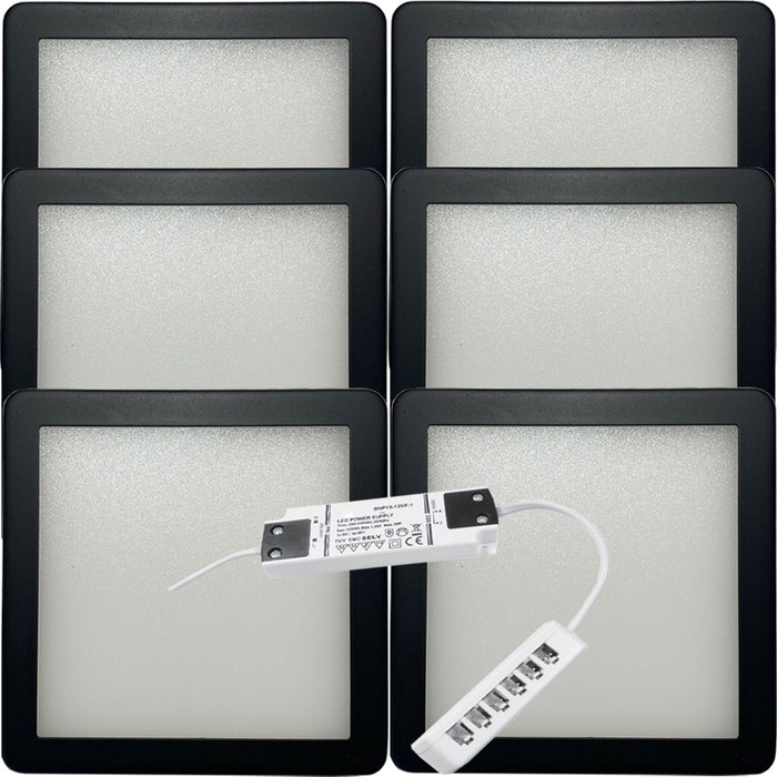 6x MATT BLACK Ultra-Slim Square Under Cabinet Kitchen Light & Driver Kit - Warm White Diffused LED