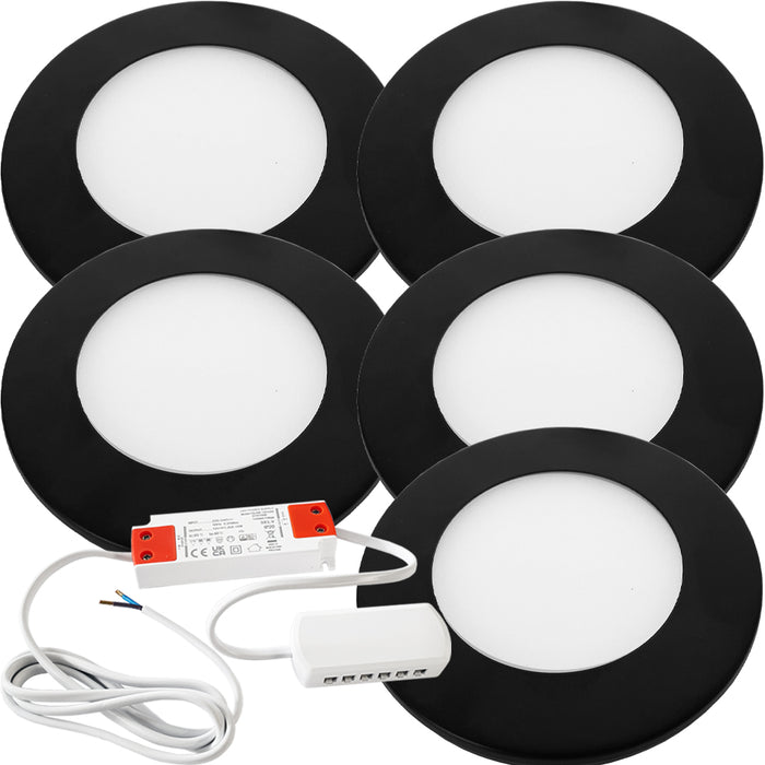 5x MATT BLACK Ultra-Slim Round Under Cabinet Kitchen Light & Driver Kit - Natural White Diffused LED