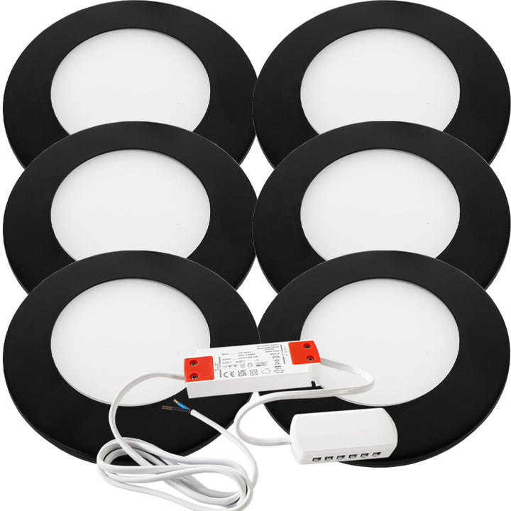 6x MATT BLACK Ultra-Slim Round Under Cabinet Kitchen Light & Driver Kit - Natural White Diffused LED - LoopsDirect