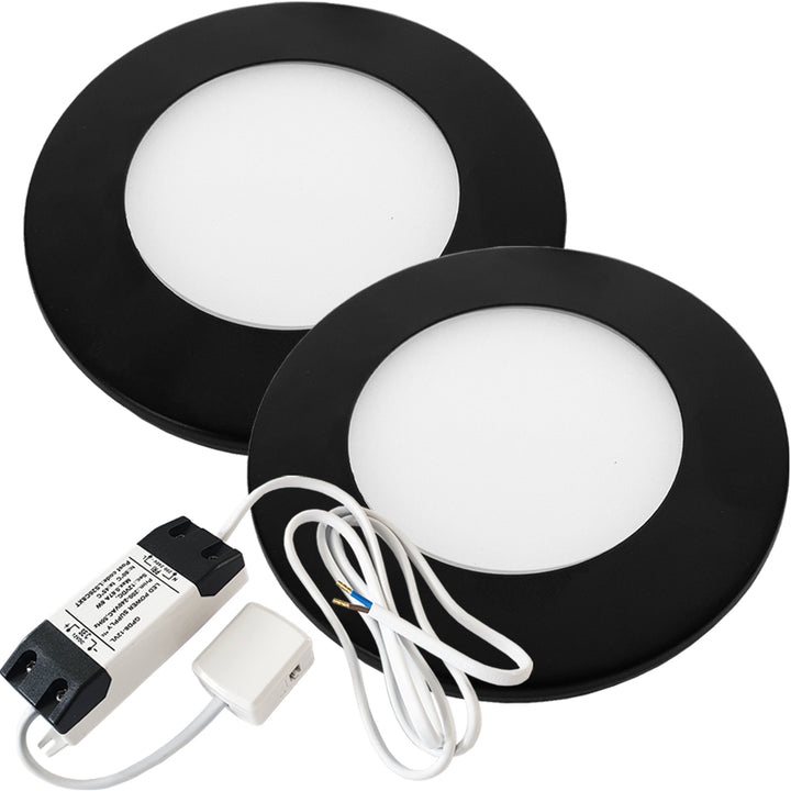 2x MATT BLACK Ultra-Slim Round Under Cabinet Kitchen Light & Driver Kit - Warm White Diffused LED - LoopsDirect