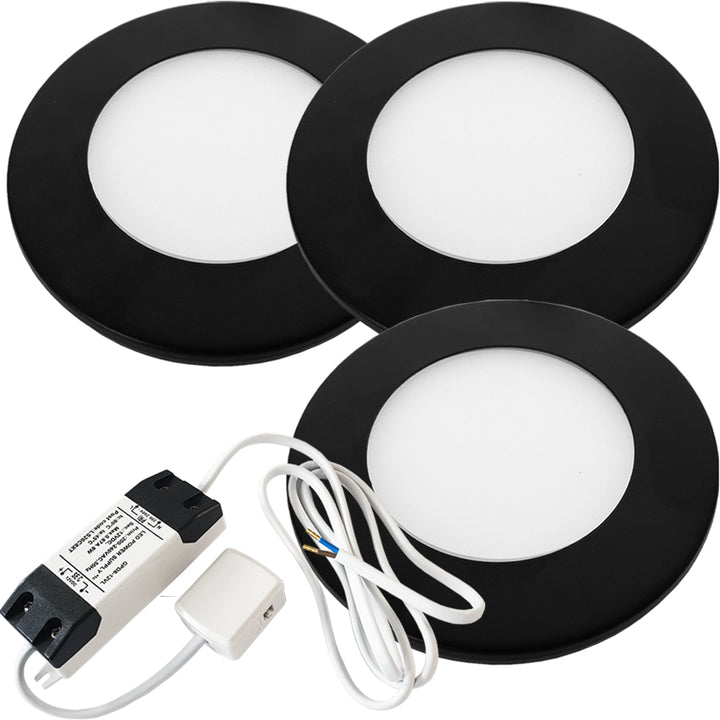 3x MATT BLACK Ultra-Slim Round Under Cabinet Kitchen Light & Driver Kit - Warm White Diffused LED - LoopsDirect