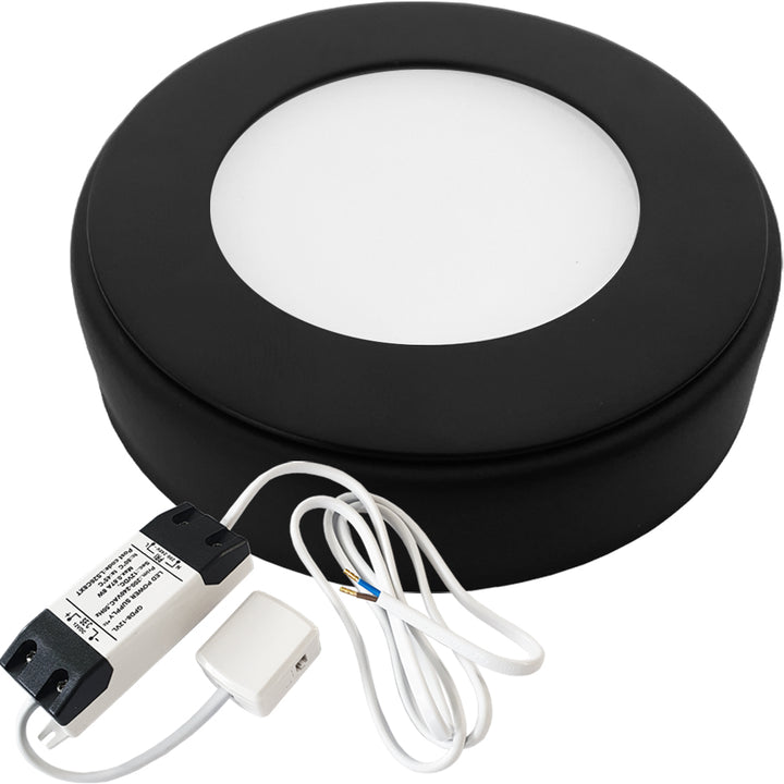 1x MATT BLACK Round Surface or Flush Under Cabinet Kitchen Light & Driver Kit - Natural White LED - LoopsDirect