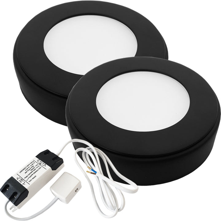 2x MATT BLACK Round Surface or Flush Under Cabinet Kitchen Light & Driver Kit - Natural White LED - LoopsDirect