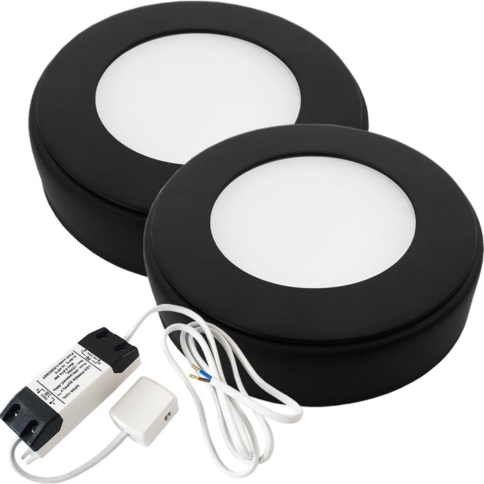 2x MATT BLACK Round Surface or Flush Under Cabinet Kitchen Light & Driver Kit - Natural White LED