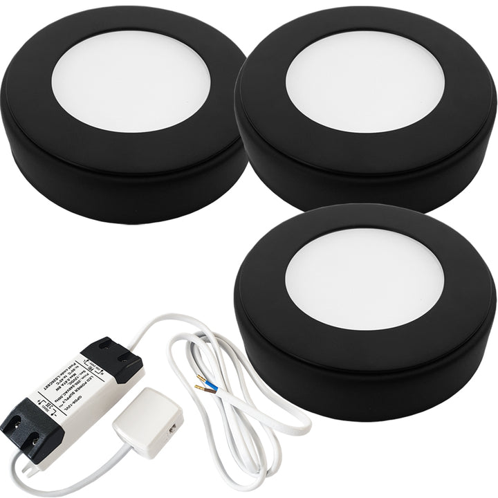 3x MATT BLACK Round Surface or Flush Under Cabinet Kitchen Light & Driver Kit - Natural White LED - LoopsDirect