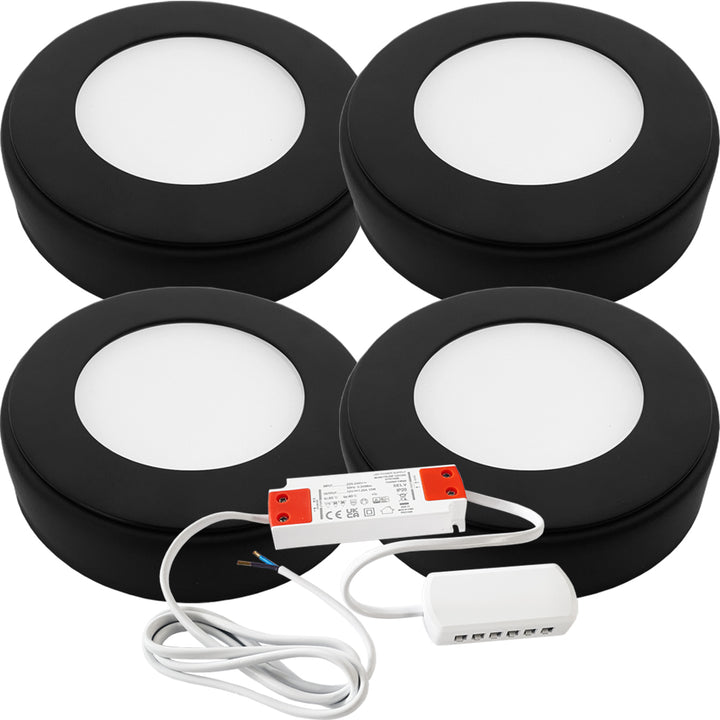 4x MATT BLACK Round Surface or Flush Under Cabinet Kitchen Light & Driver Kit - Natural White LED - LoopsDirect
