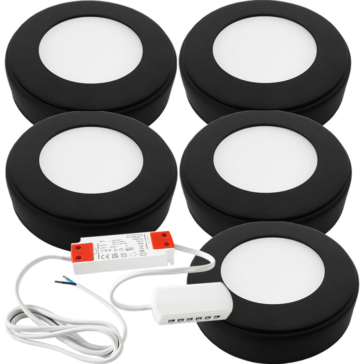 5x MATT BLACK Round Surface or Flush Under Cabinet Kitchen Light & Driver Kit - Natural White LED - LoopsDirect