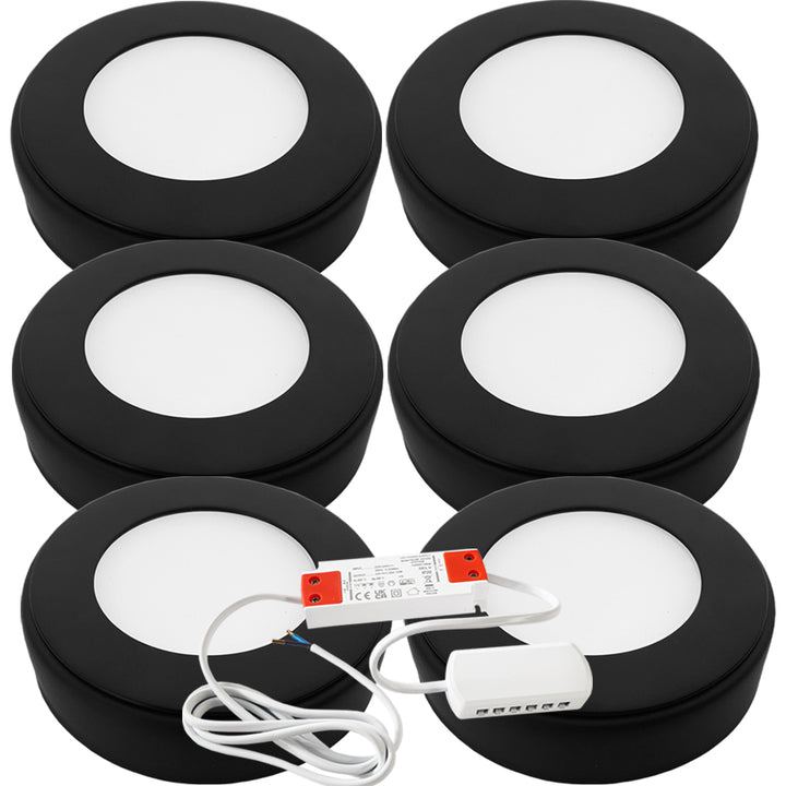 6x MATT BLACK Round Surface or Flush Under Cabinet Kitchen Light & Driver Kit - Natural White LED - LoopsDirect