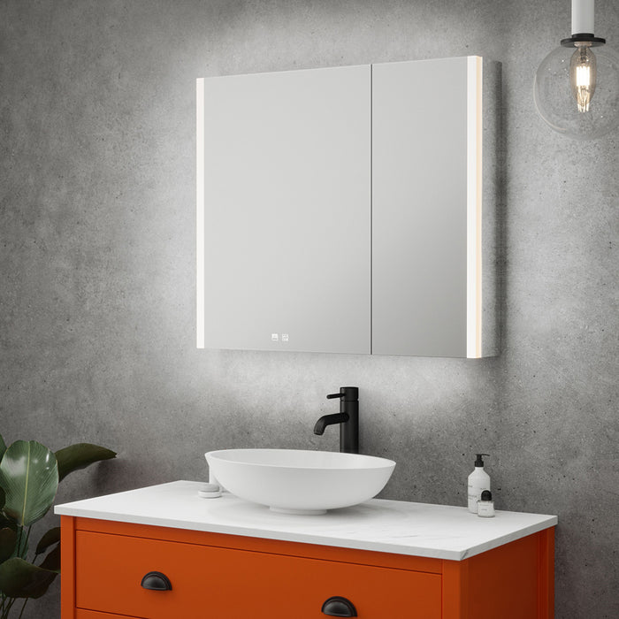 800 x 700mm IP44 LED Twin Bathroom Mirror Cabinet - Bluetooth Speaker & Demister