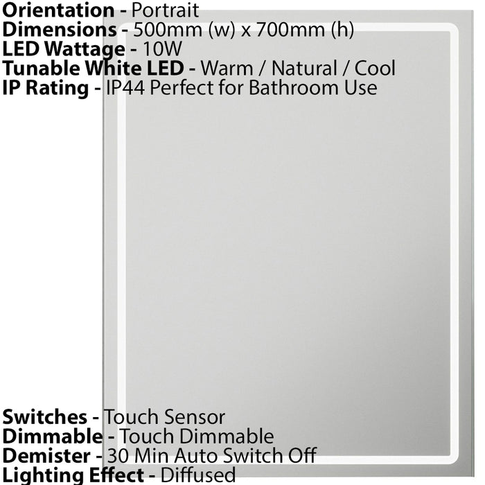 500 x 700mm IP44 LED Bathroom Mirror Cabinet - Touch Demister & Shaver Socket