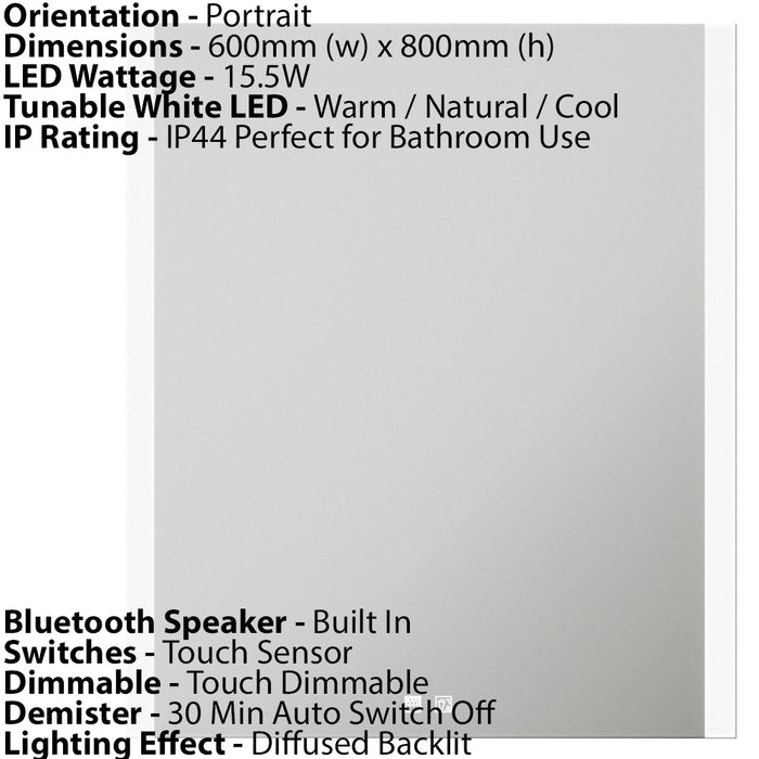 600 x 800mm LED Bathroom Mirror & Bluetooth Speaker -IP44 Demister Tunable White