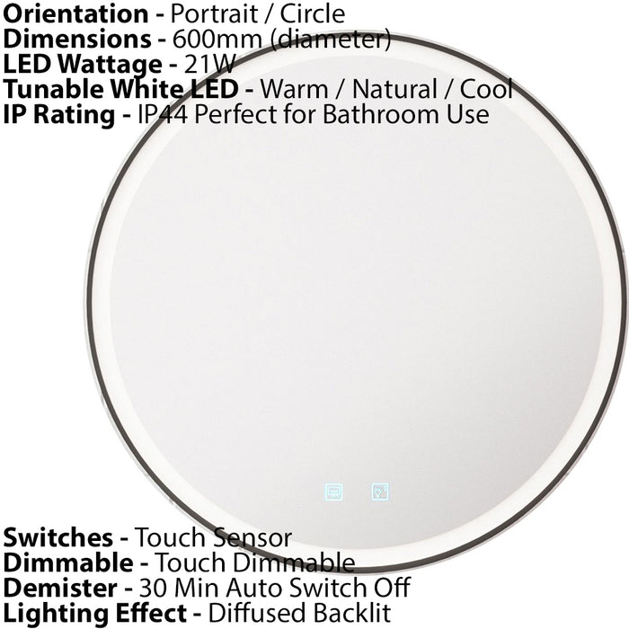 600mm IP44 MATT BLACK Round LED Bathroom Mirror & Demister Tunable White Border