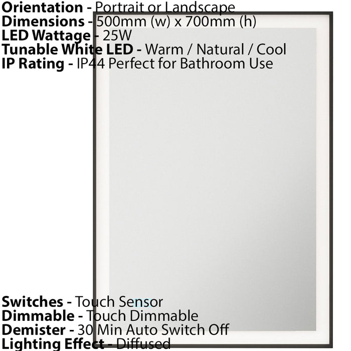 500 x 700mm IP44 MATT BLACK LED Bathroom Mirror & Demister Tunable White Border