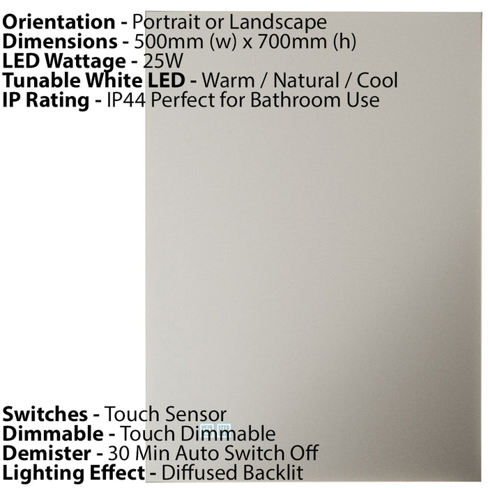 500 x 700mm IP44 Backlit LED Bathroom Mirror & Demister - Diffused Tunable White