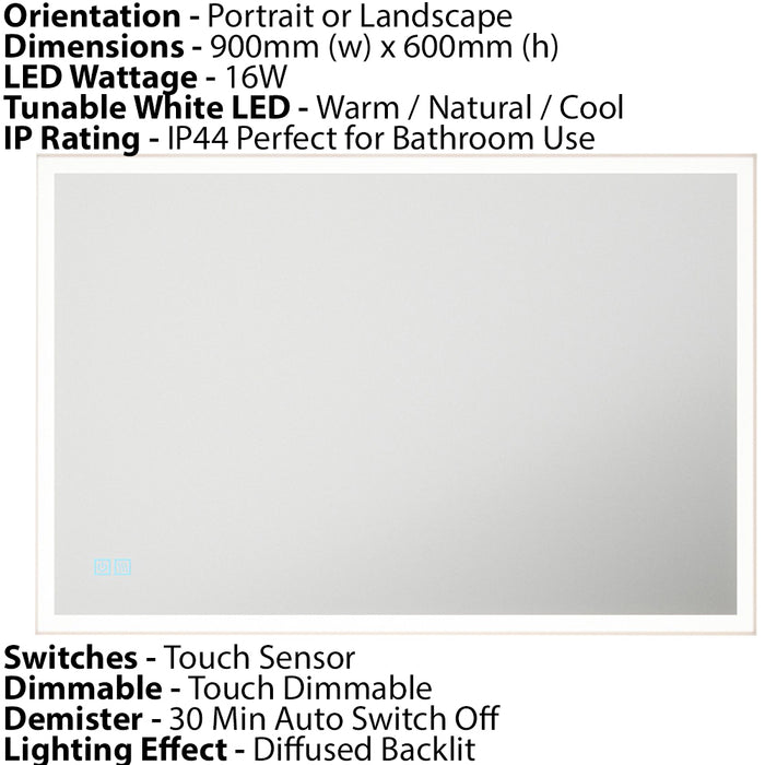 600 x 900mm IP44 LED Bathroom Mirror & Demister - Tunable White Diffused Border
