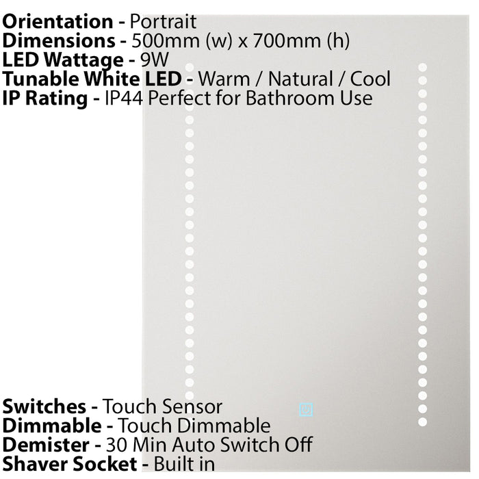 500 x 700mm IP44 LED Bathroom Mirror - Tunable White - Demister & Shaver Socket