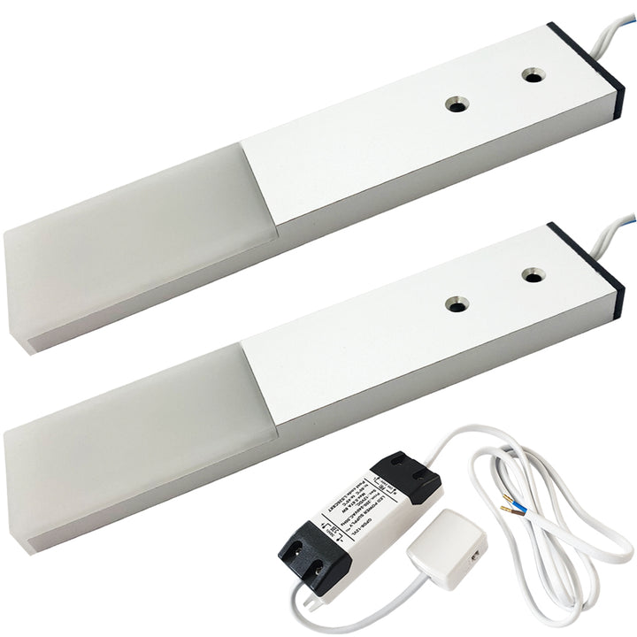 2x ALUMINIUM Slim Rectangle Under or Over Cabinet Kitchen Light & Driver Kit - Natural White LED - LoopsDirect