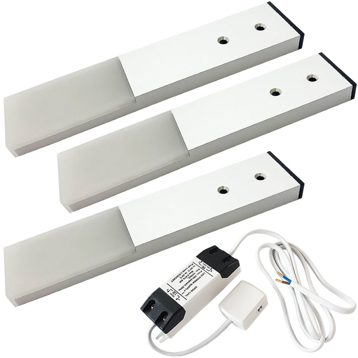 3x ALUMINIUM Slim Rectangle Under or Over Cabinet Kitchen Light & Driver Kit - Natural White LED - LoopsDirect