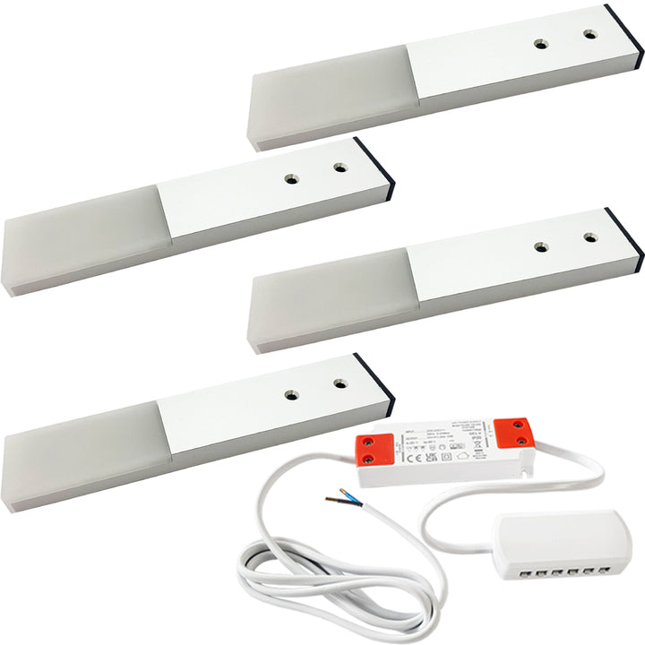 4x ALUMINIUM Slim Rectangle Under or Over Cabinet Kitchen Light & Driver Kit - Natural White LED - LoopsDirect