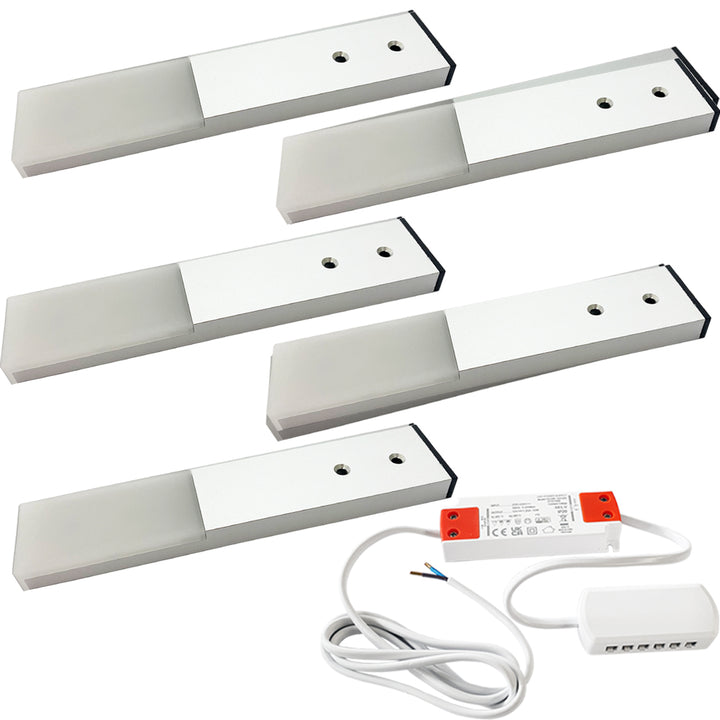 5x ALUMINIUM Slim Rectangle Under or Over Cabinet Kitchen Light & Driver Kit - Natural White LED - LoopsDirect