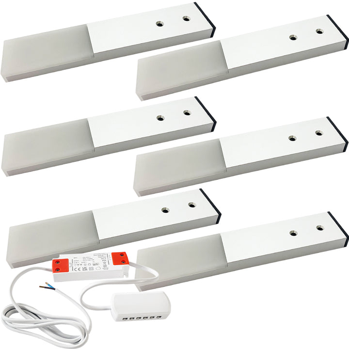 6x ALUMINIUM Slim Rectangle Under or Over Cabinet Kitchen Light & Driver Kit - Natural White LED - LoopsDirect