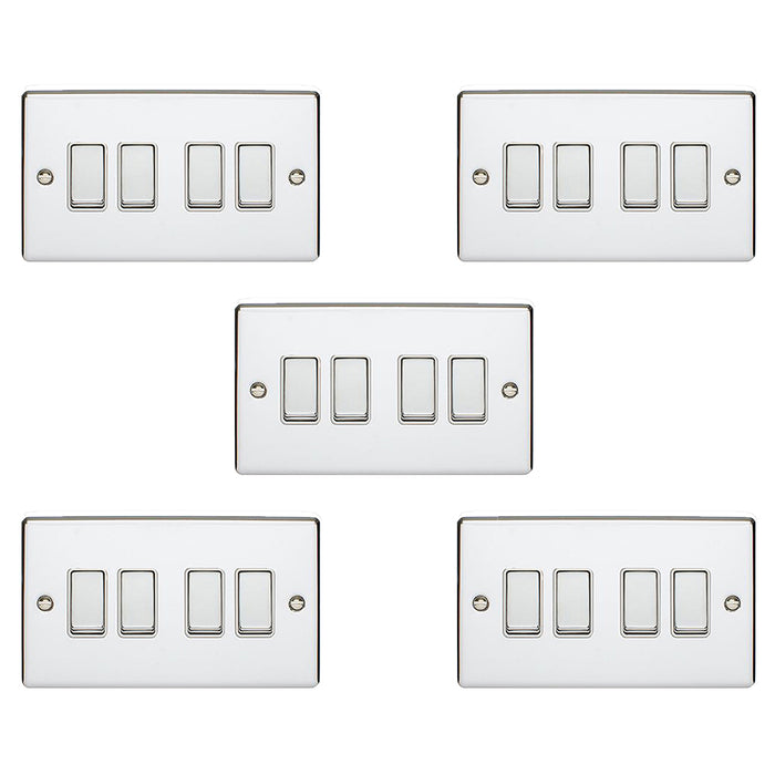 5 PACK 4 Gang Metal Quad Light Switch POLISHED CHROME 2 Way 10A White Trim Loops