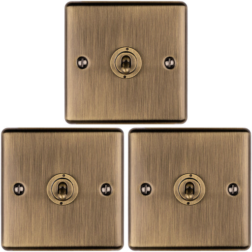 3 PACK 1 Gang Single Retro Toggle Light Switch ANTIQUE BRASS 10A 2 Way Plate