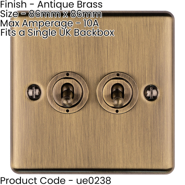 2 Gang Double Retro Toggle Light Switch ANTIQUE BRASS 10A 2 Way Lever Plate