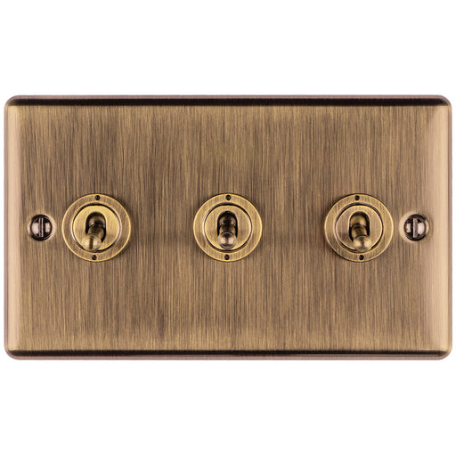 3 Gang Triple Retro Toggle Light Switch ANTIQUE BRASS 10A 2 Way Lever Plate