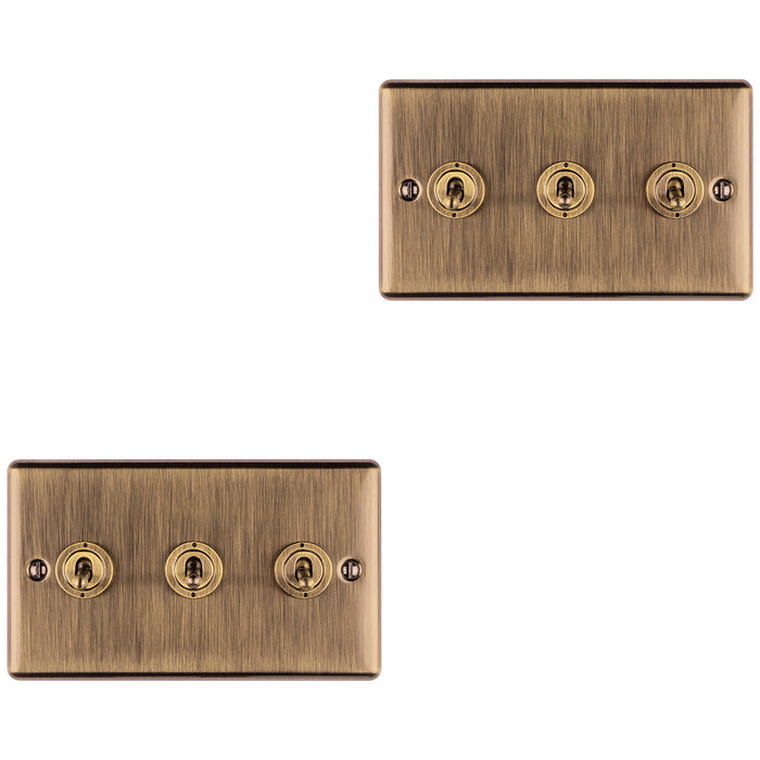 2 PACK 3 Gang Triple Retro Toggle Light Switch ANTIQUE BRASS 10A 2 Way Plate