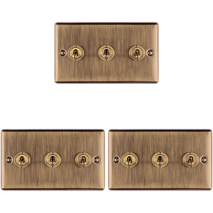 3 PACK 3 Gang Triple Retro Toggle Light Switch ANTIQUE BRASS 10A 2 Way Plate