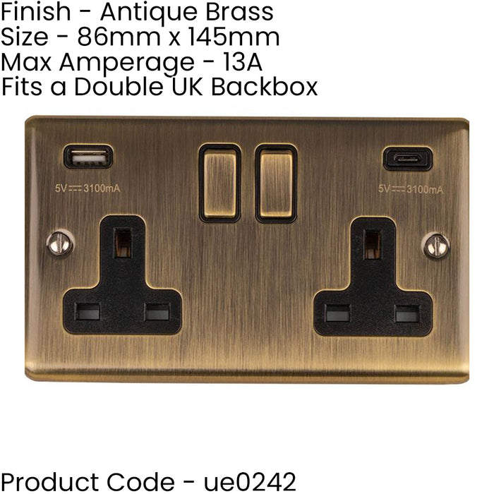 5 PACK 2 Gang Double UK Plug Socket & Dual 3.1A USB-C ANTIQUE BRASS 13A Switched