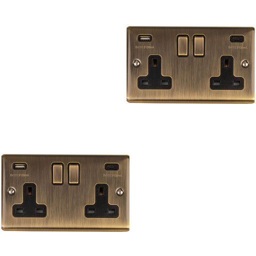 2 PACK 2 Gang Double UK Plug Socket & Dual 3.1A USB-C ANTIQUE BRASS 13A Switched