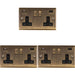 3 PACK 2 Gang Double UK Plug Socket & Dual 3.1A USB-C ANTIQUE BRASS 13A Switched