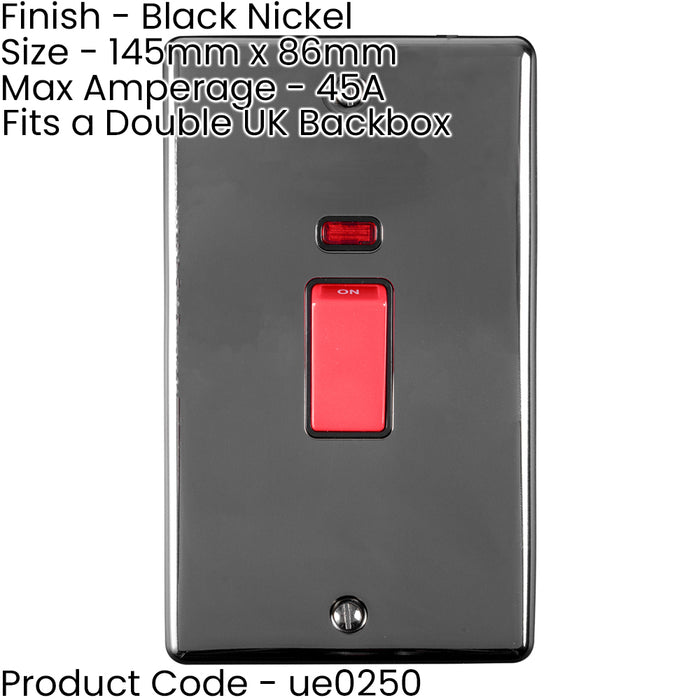 2 Gang Double 45A DP Switch & Neon - BLACK NICKEL & BLACK TRIM Vertical Rocker