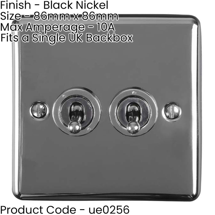 2 Gang Double Retro Toggle Light Switch BLACK NICKEL 10A 2 Way Lever Plate