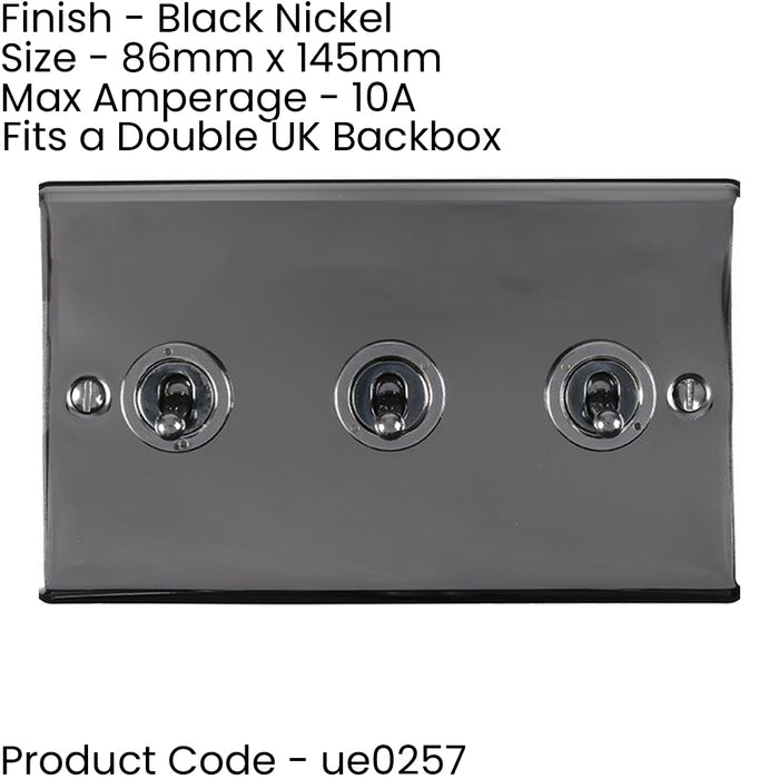 3 Gang Triple Retro Toggle Light Switch BLACK NICKEL 10A 2 Way Lever Plate