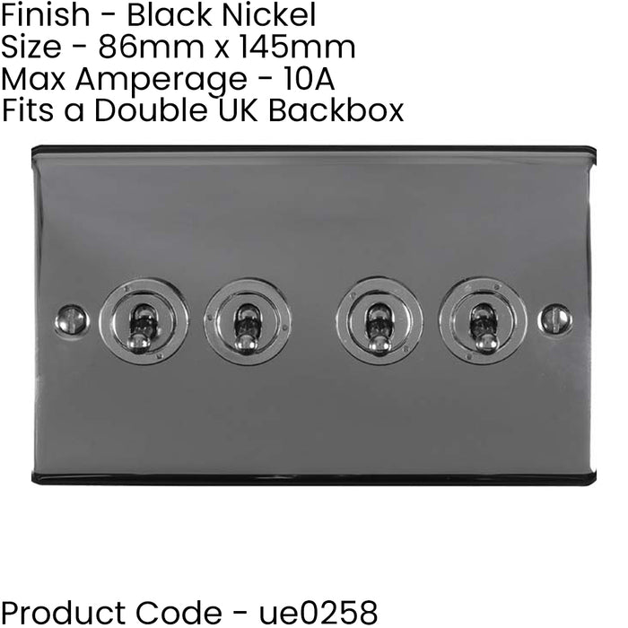 5 PACK 4 Gang Quad Retro Toggle Light Switch BLACK NICKEL 10A 2 Way Plate