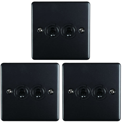 3 PACK 2 Gang Double Retro Toggle Light Switch MATT BLACK 10A 2 Way Plate