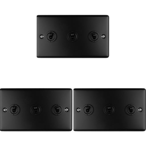 3 PACK 3 Gang Triple Retro Toggle Light Switch MATT BLACK 10A 2 Way Plate