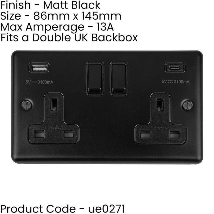 2 Gang Double UK Plug Socket & Dual 3.1A USB-C USB-A MATT BLACK 13A Switched