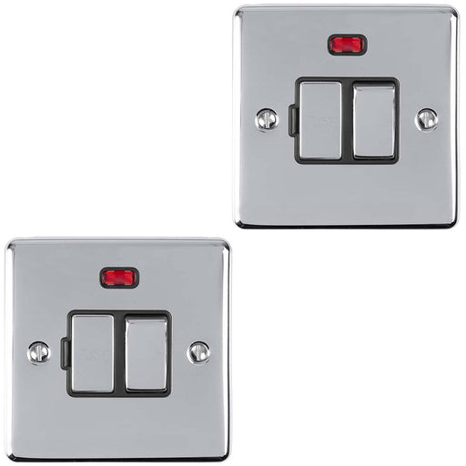2 PACK 13A DP Switched Fuse Spur & Neon POLISHED CHROME & BLACK Mains Isolation