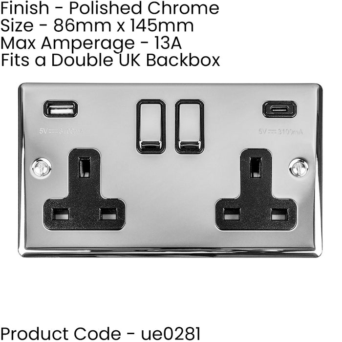 2 Gang Double UK Plug Socket & Dual 3.1A USB-C & A POLISHED CHROME 13A Switched