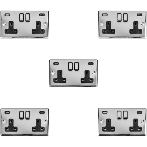5 PACK 2 Gang Double UK Plug Socket & Dual 3.1A USB-C & A CHROME 13A Switched