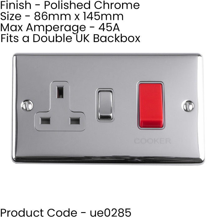 2 PACK 45A DP Oven Cooker Switch & 13A Switched Power Socket CHROME & GREY Trim