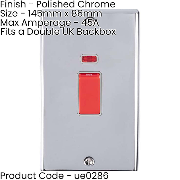 2 PACK 2 Gang Double 45A DP Switch Neon - POLISHED CHROME & GREY Vertical Rocker