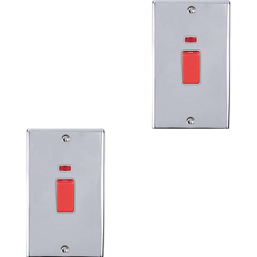 2 PACK 2 Gang Double 45A DP Switch Neon - POLISHED CHROME & GREY Vertical Rocker