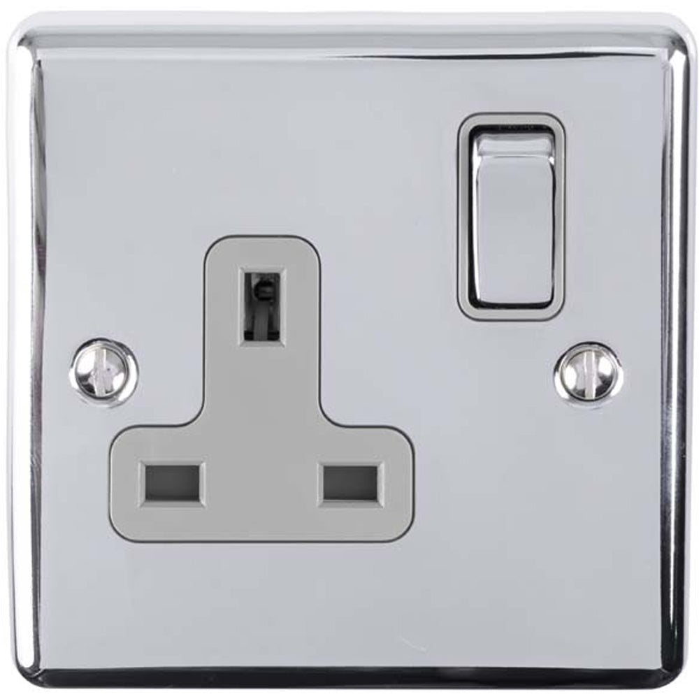 One Plug Socket 1 Gang Single UK Plug Socket POLISHED CHROME & GREY 13A Switched Power ...