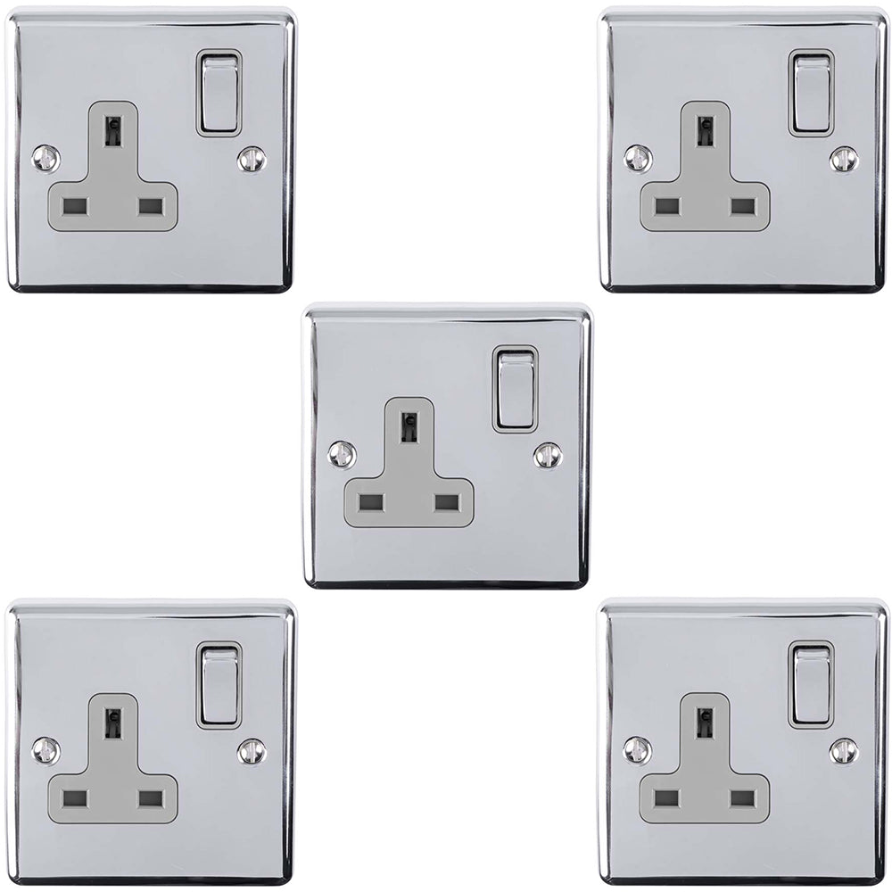5 PACK 1 Gang Single UK Plug Socket POLISHED CHROME 13A Switched GREY ...